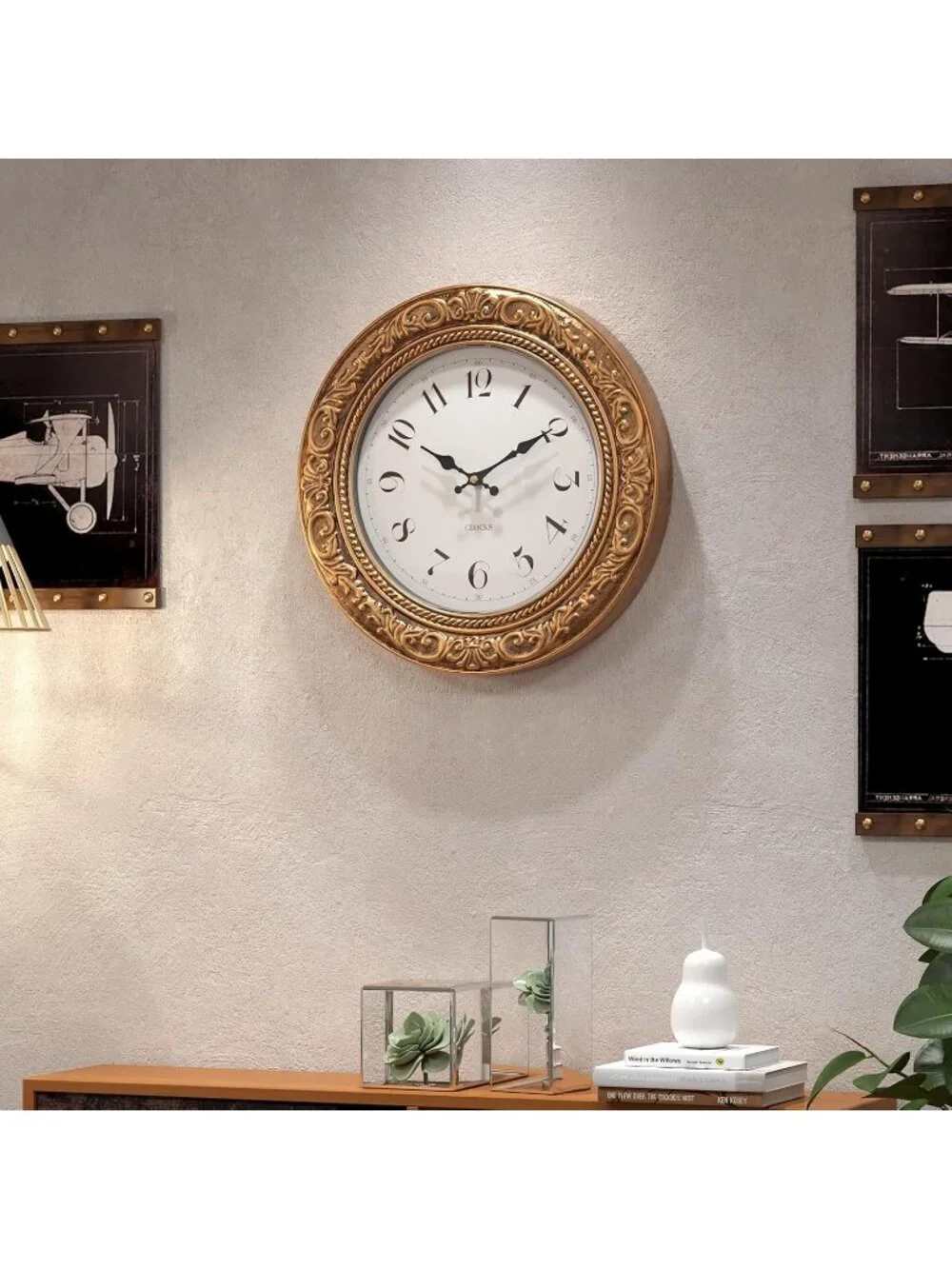Home Gold Analog Quartz Battery Operated European Vintage Decorative Wall Clock